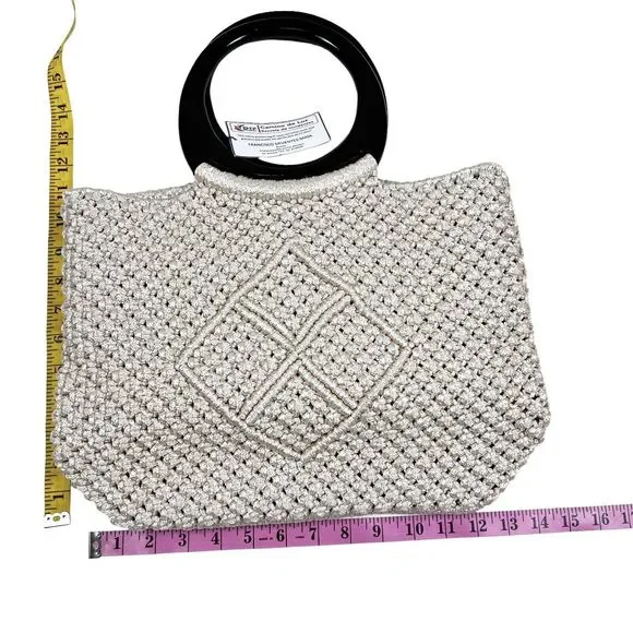 NEW Hand Woven Knit Macrame Large Bag Ivory Wood Handles Pockets Lined Magnetic - Picture 9 of 10